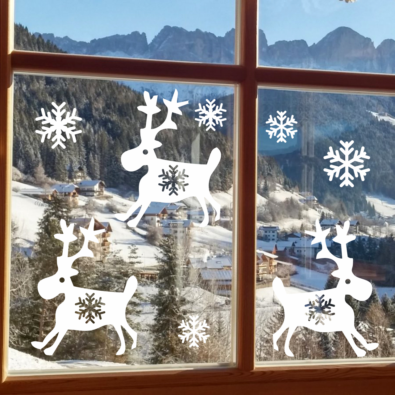 Новорічні наклейки на вікна Олені та Сніжинки (наскельні малюнки печерний олень) Розмір S білі матові білі