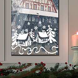 Новорічна наклейка на вікно Казкові будиночки сніжинки (декор вітрин Новий рік) вініл 48х31 см матовий білий