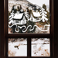 Новогодние наклейки Набор Сказочные домики Снежинки (декор окон снег Новый год) 96х62 см белый матовый