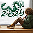 Новорічні наклейки Дракон із цифрами (декор вікон Символ 2024 Рік дракона) змій Набір S 46х32см матова Зелений, фото 3