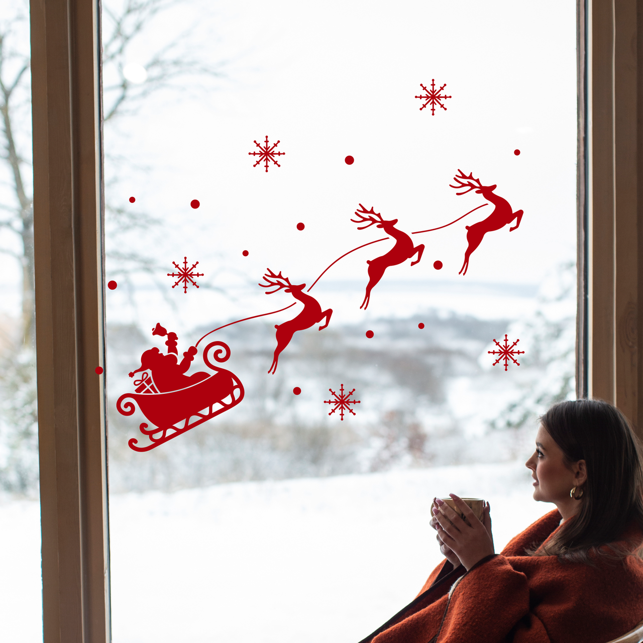 Новорічна наклейка на вікно Санта на санях з оленями (сніжинки сніг дід мороз) Набір S 75 см матовий Червоний, фото 1