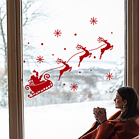 Новогодняя наклейка на окно Санта на санях с оленями (снежинки снег дед мороз) Набор S 75 см матовая Красный