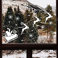 Наклейки Новогодний декор Санта на санях с оленями (снежинки снег дед мороз) Набор M 98 см глянец Белый