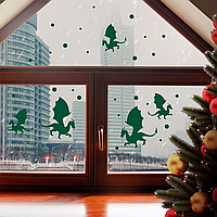 Новогодняя наклейка на окно Дракончики Снег (символ года дракон декор окон стены) 5 шт. матовая Зелёный