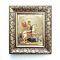 Икона "Чудо святого великомученика Георгия о змие", лик 15х18 см, в темном киоте с виноградной лозой