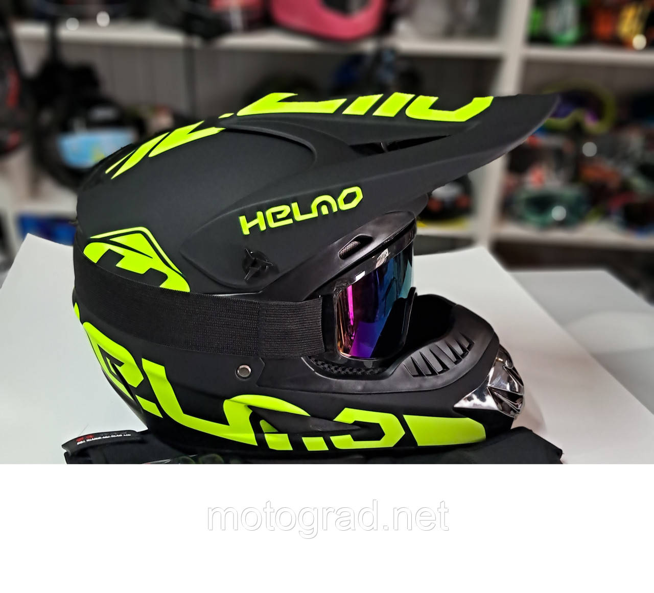 Дитячий мото шолом Helmo Ендуро Black Green матовий з окулярами в комплекті