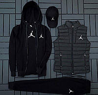 ФЛИС Комплект с жилеткой Jordan (худи на змейке+штаны+футболка черная+кепка+жилетка) Удобный Качественный