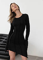 Женское модное обтягивающее ч короткое платье со скошенным низом и рельефными швами 42-44 46-48 Черный