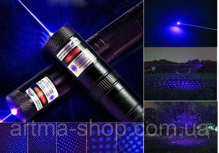 Потужна Laser Blue 10000 mW лазерна указка синій колір насадки на акумуляторі замок, фото 1