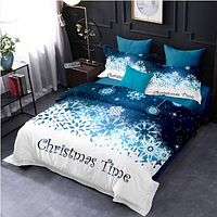 Новогоднее зимнее постельное белье евро размер синего цвета с 3Д принтом хлопок/фланель