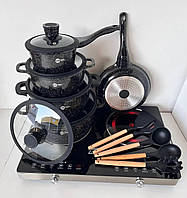 Набір круглих каструль зі сковородою та силіконовим приладдям Higher Kitchen НК316 17 предметів Чорний