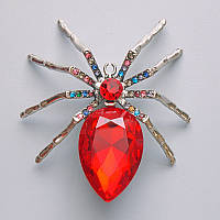 Брошка кулон Павук червоний кристал, різнокольорові стрази, сріблястий метал 56х64мм купити біжутерію дешево в
