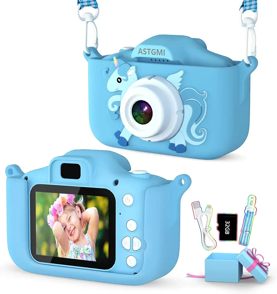 Дитяча камера ASTGMI Цифрова камера для HD-відео 1080P та 2,0-дюймовим IPS-екраном, 32 ГБ SD-карта,
