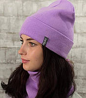 Комплект шапка и шарф (снуд) женский трикотажный из шерсти и акрила на осень, зиму фиолетовый