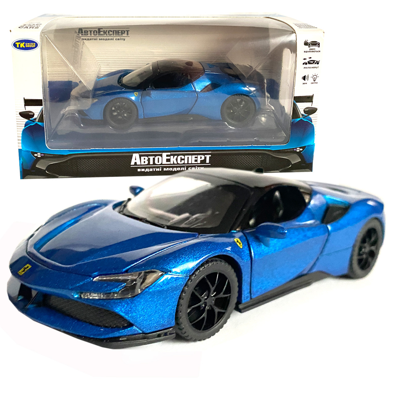 Іграшкова машинка металева Ferrari, Феррарі синя, звук, світло, інерція, откр двері, капот, Автоексперт, 1:32,14,5*7*4см, фото 1
