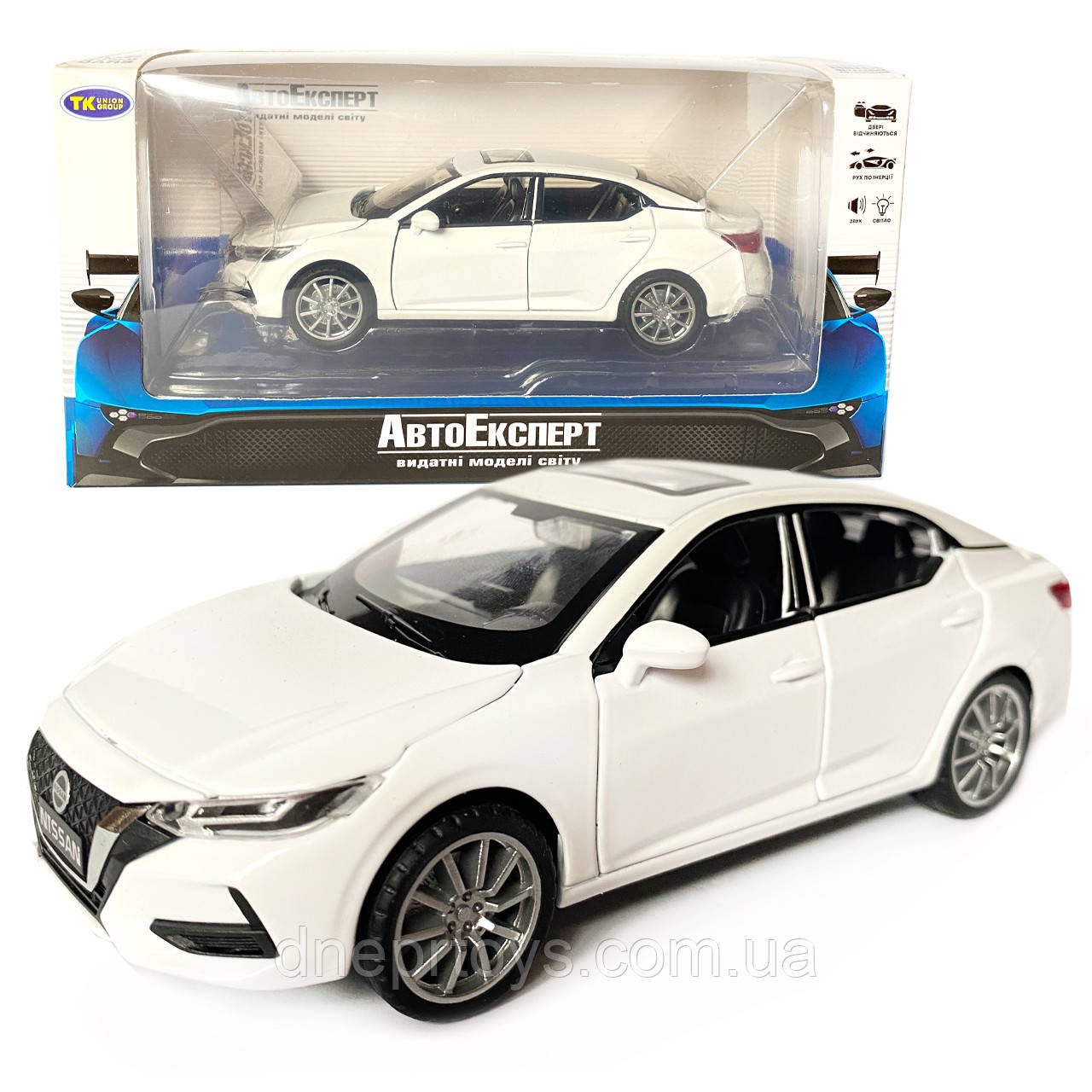 Іграшкова машинка металева Nissan Sylphy, ніссан, білий, звук, світло, інерція, откр двері, капот, Автоексперт, 1:32,14,5*7*5 см, фото 1