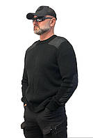 Тактический вязаный свитер черный с накладками в плечевой зоне Армейская вязаная кофта черая
