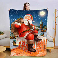 Новогодний плюшевый плед с дедом Морозом Плюшевое покрывало на рождество с 3D рисунком 135*160 Односпальный