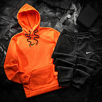 Зимовий чоловічий спортивний костюм Nike (Найк) на флісі помаранчевий-чорний | Комплект Худі Брюки теплі з начосом