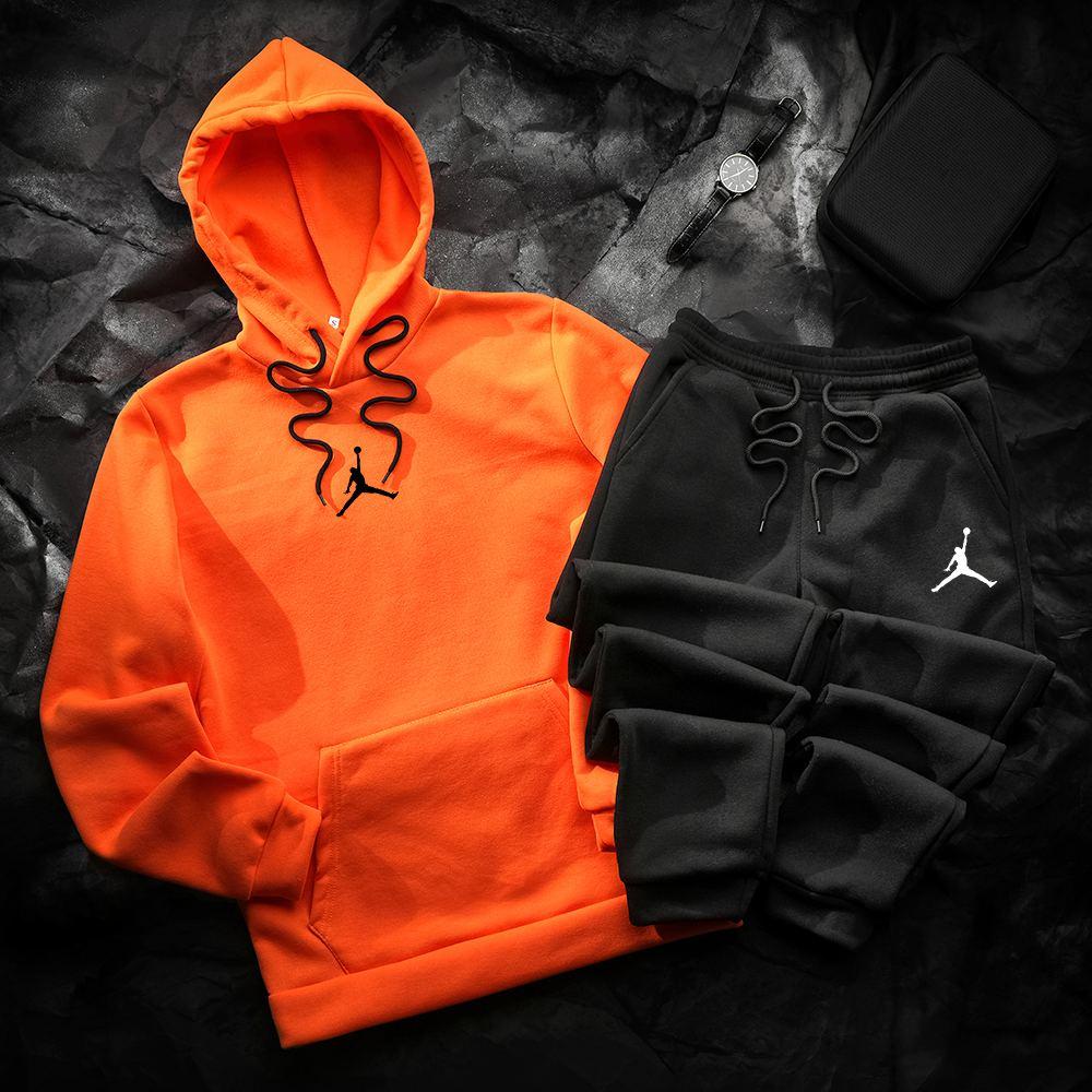 Спортивний костюм чоловічий зимовий Nike помаранчевий-чорний комплект худі штани найк теплий з начосом зима