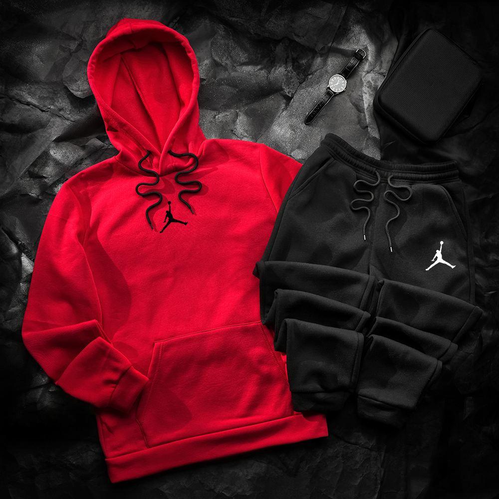 Спортивний костюм чоловічий зимовий Nike червоний-чорний комплект худі штани найк теплий з начосом зима