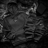 Зимовий чоловічий спортивний костюм Nike (Найк) на флісі чорний | Комплект Худі Брюки теплі з начосом