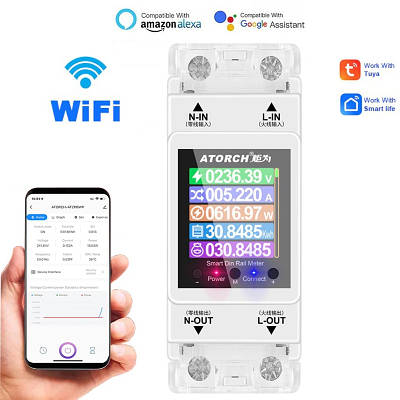 Розумний лічильник електроенергії з wifi, екраном та 4-ма видами захисту на DIN рейку до 100 ампер Atorch AT2PW