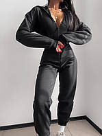 Женский комбинезон с капюшоном на флисе с имитацией корсета (черный) 42-44 и 46-48 46/48