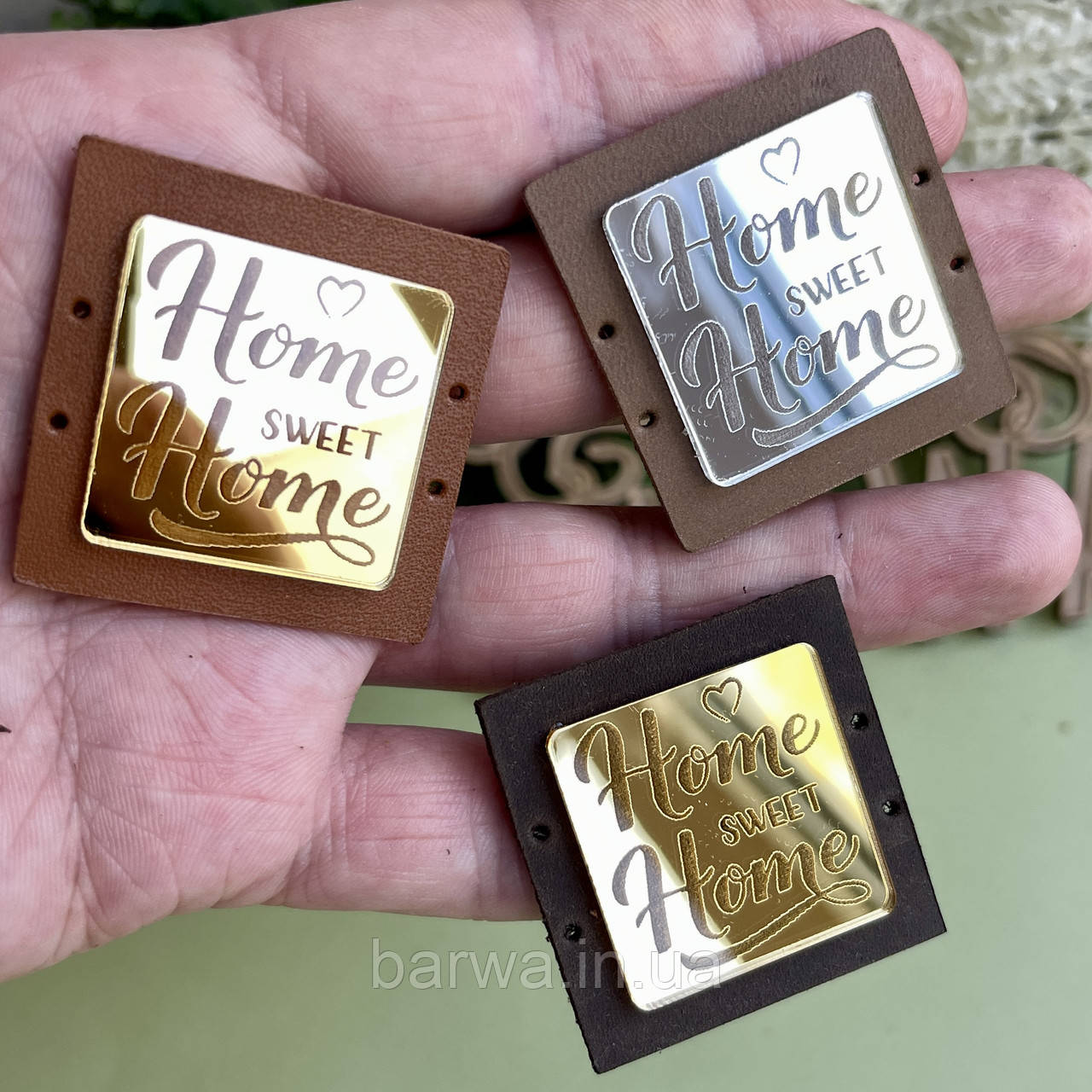 Шкіряна бірка з дзеркальним акрилом, 4х4 см, HOME SWEET HOME