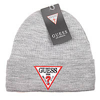 Шапка серая вязаная женская мужская Guess Шапка зимняя Гесс унисекс Люкс качество