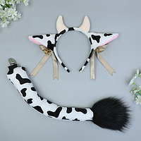 Набор корова 2в1: ободок с ушками + хвост, черно-белый, аниме косплей, карнвальный костюм / FS-2186