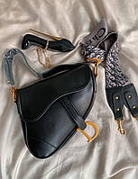 Женская сумка Dior Black Saddle (черная) удобная стильная сумочка на длинном широком ремне S13