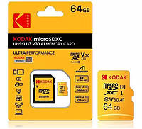 Карта пам'яті microSD KODAK 64GB microSDXC UHS-I U3 V30 A1 Class 10 з адаптером microSD