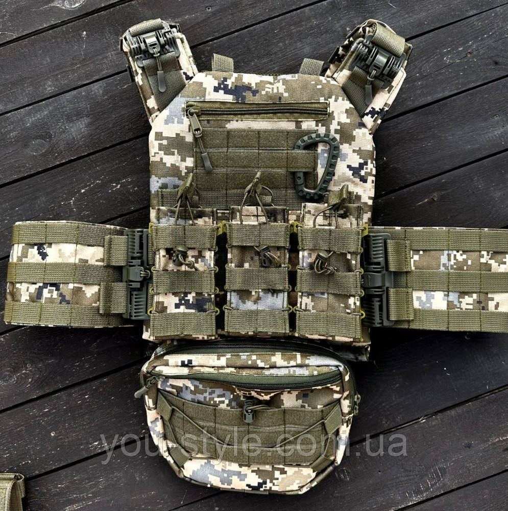 Плитоноска швидкого скидання з боковими карманами + 3 підсумків та напашник піксель