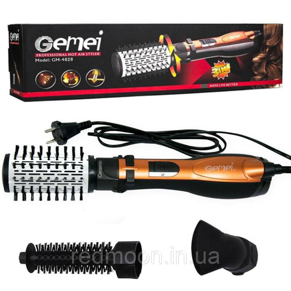 Фен-стайлер для волосся з 3 насадками Gemei GM 4828, 1000Вт / Потужний фен-щітка для укладання волосся з обертанням