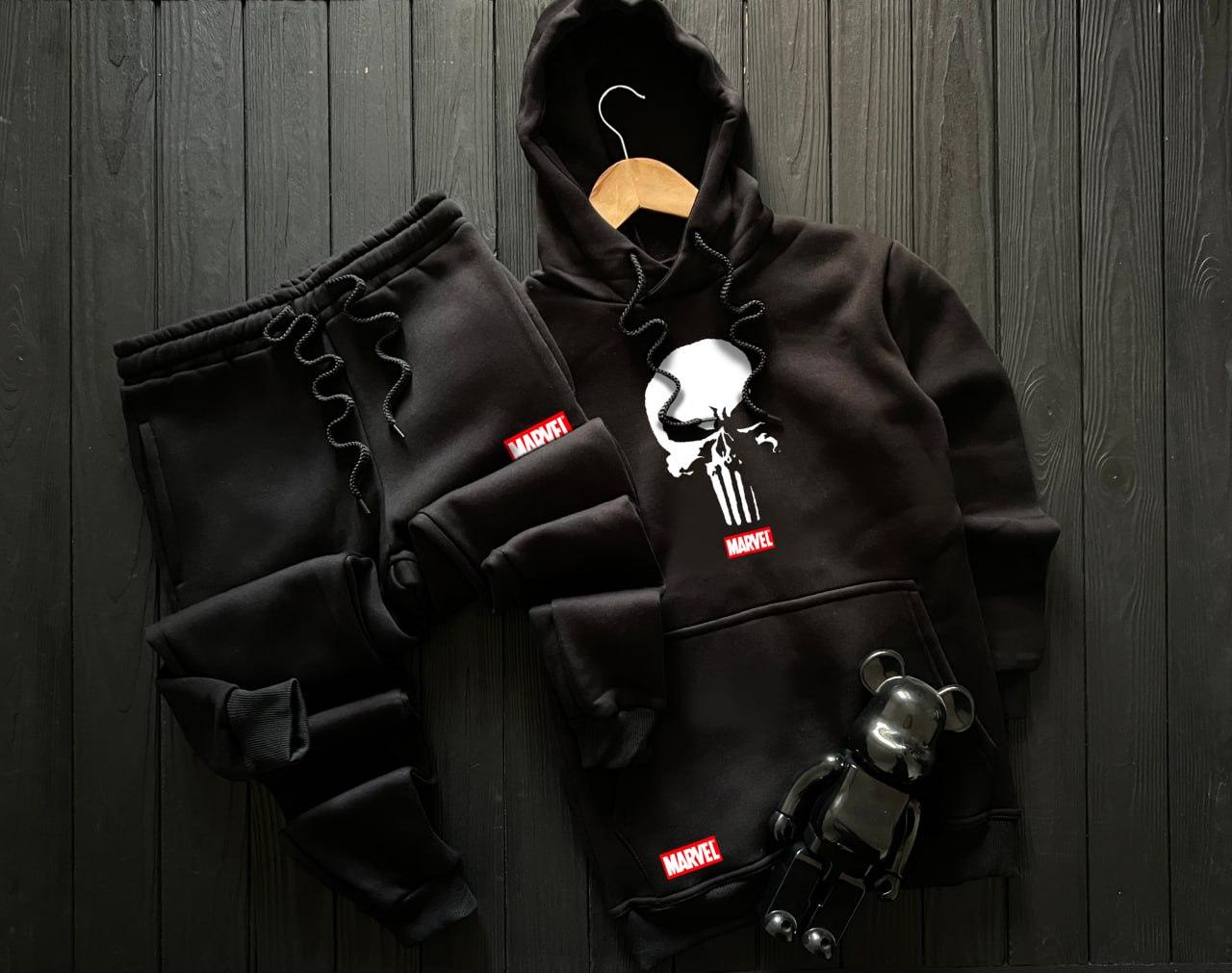 Спортивний костюм чоловічий зимовий marvel теплий на флісі чорний кофта штани марвел зима з начосом - фото 1 - id-p2012654739