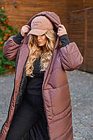 Куртка - пальто зимнее слеганное теплое с капюшоном женское Большого размера Шоколад