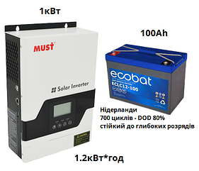 Комплект резервного питания 1,2 кВт*ч (1кВт + AGM 100Ah) MUST PV18-1012VPM + Ecobat ECLC12-100