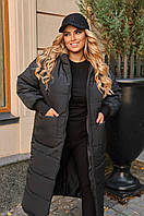 Куртка - пальто зимнее слеганное теплое с капюшоном женское Большого размера Черный