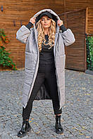 Куртка - пальто зимнее слеганное теплое с капюшоном женское Большого размера Серый