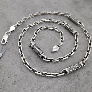 Чоловічий срібний ланцюжок якір з православними вставками Св. Миколая / Спаси Збережи. Якірний ланцюжок срібло 925