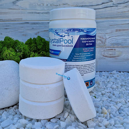 Повільний (тривалий) хлор для басейну Crystal Pool Slow Chlorine Tablets Large 1 кг у великих таблетках, фото 1