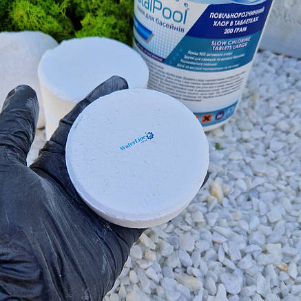 Повільний (тривалий) хлор для басейну Crystal Pool Slow Chlorine Tablets Large 1 кг у великих таблетках, фото 3