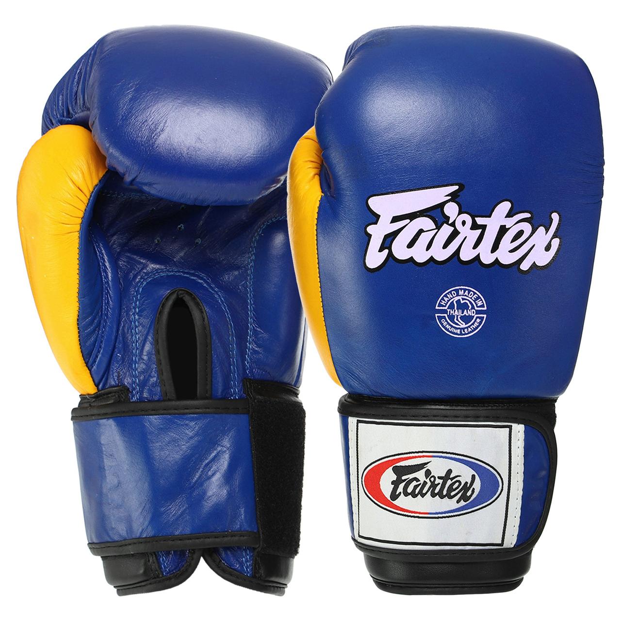 Рукавиці для боксу шкіряні на липучці Fairtex 065 10 унцій Blue-Yellow