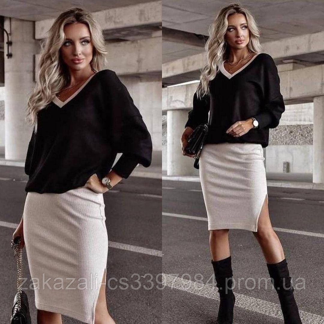 🔹 Жіночий теплий костюм спідничний із подвійної ангори 50-52 розмір | Стильний костюм-двійка | Кофта + спідниця | Батал, фото 1