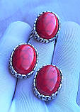 Великий срібний набір сережки кільце каміння корал, фото 6