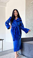 Халат махровий довгий на запах з капюшоном та кишенями жіночий Норма+Батал Синій