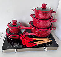 Набор круглих кастрюль + силиконовые принадлежности Higher Kitchen НК-316 (Красный, Черный)