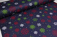 Новорічна тканина для скатертин серветок декоративних подушок подарунків Туреччина Сніжинки різнокольорові на блакитному