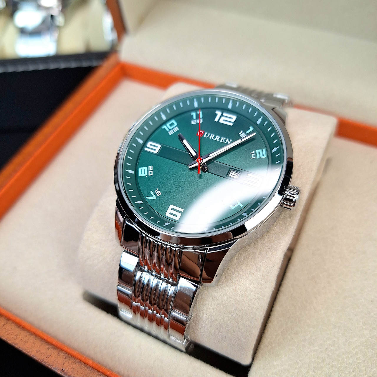 Чоловічий класичний кварцевий стрілочний наручний годинник Curren 8411 Silver Green